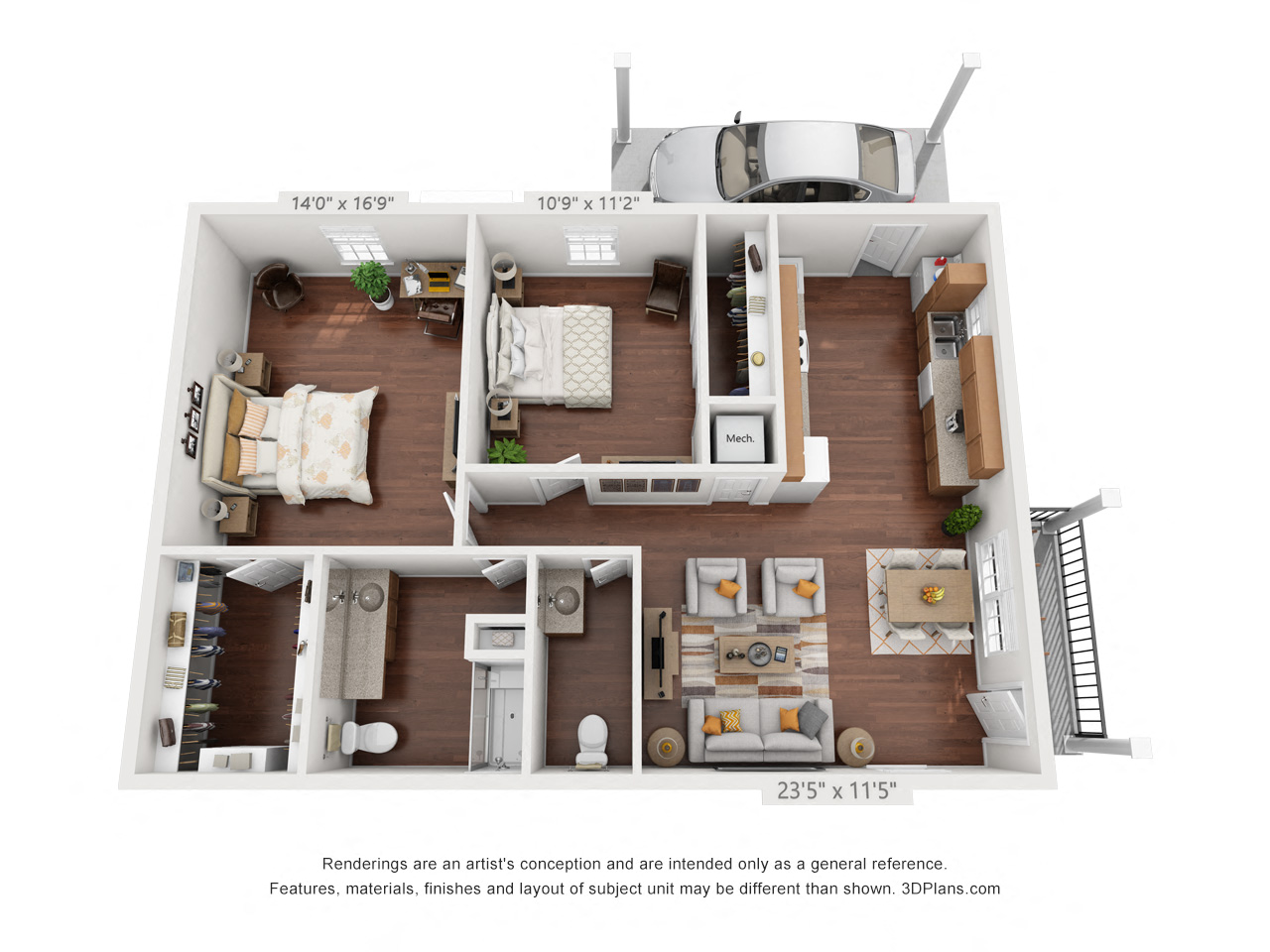 Floor plan for 2 beds, 1.5 baths, 1010 sqft